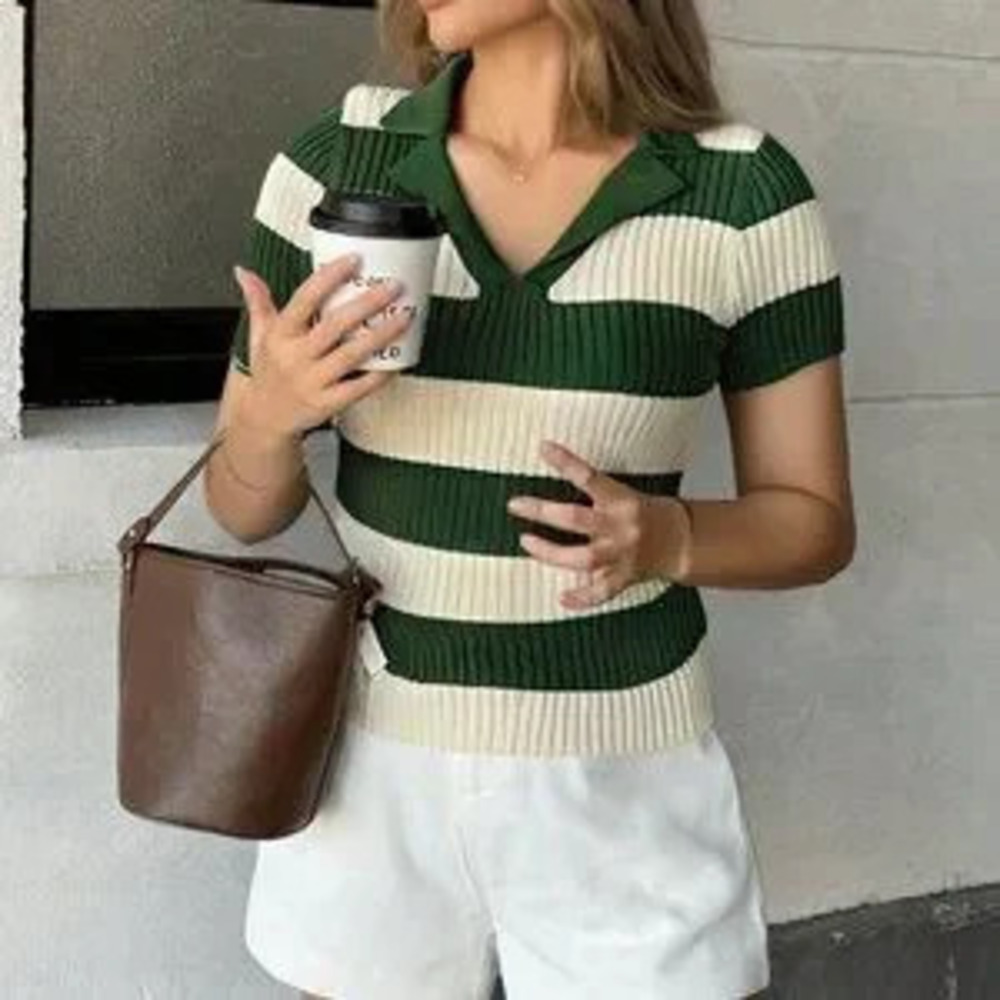 Green Casual Women's Contrast Stripe Polo Top